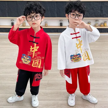 2 шт. Модный костюм для мальчиков в китайском стиле Antumn Tang Костюм для мальчиков в стиле Hanfu Красно-белая хлопковая футболка Подарок на Новый Год Костюм на День Рождения