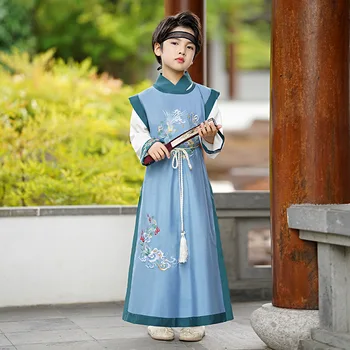 Весенние детские мальчики с вышивкой синей птицы Hanfu, платье в китайском стиле в стиле ретро, костюм эпохи Тан, Детская восточная одежда 0