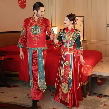 Изысканная Вышивка Бисером Китайский Традиционный Свадебный Костюм Пары Чонсам Элегантное Свадебное Платье Невесты китайская одежда 0