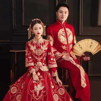 Изысканная вышивка Красного Феникса, Чонсам, Свадебное платье Невесты в китайском Стиле, Элегантный Свадебный Ципао