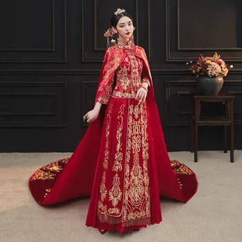 Роскошный Красный Плащ С Вышивкой Cheongsam Женское Банкетное Китайское Традиционное Платье Невесты Свадебный Воротник Стойка китайская одежда