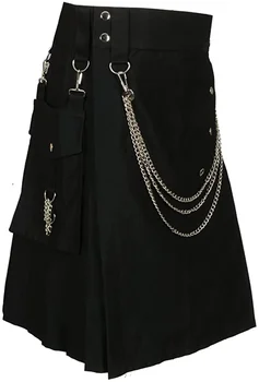 Шотландский черный модный универсальный килт с серебряными цепочками